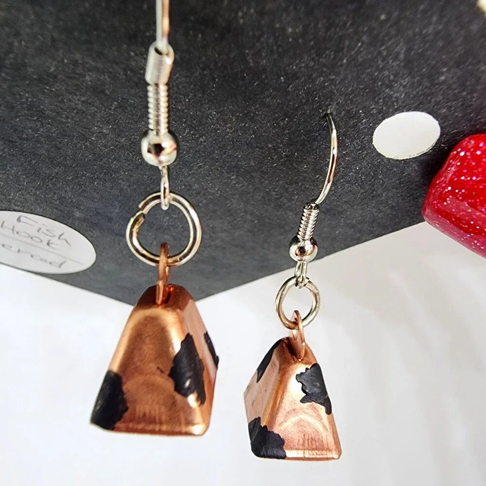 Copper Cow Bell Spot Handmade Craft Dangle Drop Pierced Earrings
